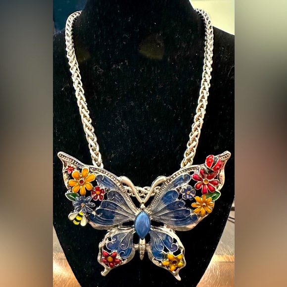 Colorful Butterfly Pendant Silver Tone Braided Chain Necklace Lobster Claw Clasp - Picture 1 of 5
